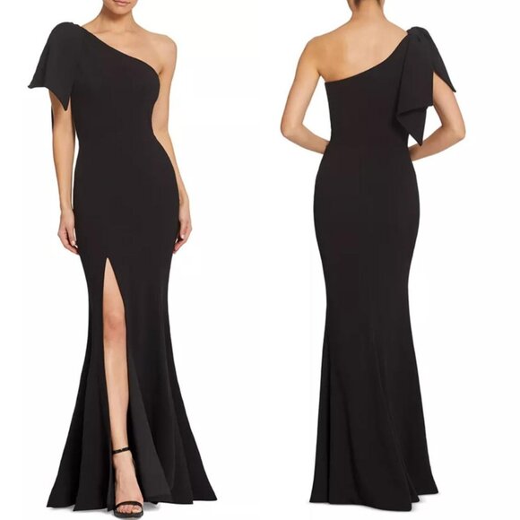 DRESS THE POPULATION Black GEORGINA One Shoulder BOW Crepe GOWN Plus Sz XXL  NWT - Picture 1 of 11